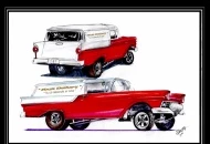 This is a drawing of my 1957 Ford Courier (Sedan Delivery) "Gasser" Rush Delivery. It is currently under construction and hope to have it competed fall of next year. I have secured product from several suppliers, Ford Racing, Holley, Precision Turbo, Tremec, Accufab, Crane,  Afco, Aerospace Components, K1, Wiseco, Chicago Wheel, Goodyear, S-Max, Stainless Headers, Nutter Racing, and many more. Thanks to all that are helping make my dream come true!
